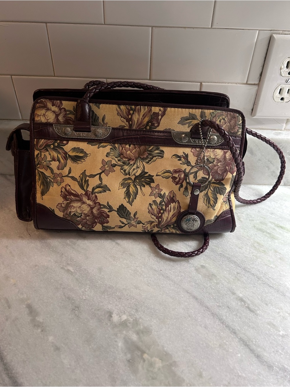 Bueno Floral Canvas Satchel with Brown Trim